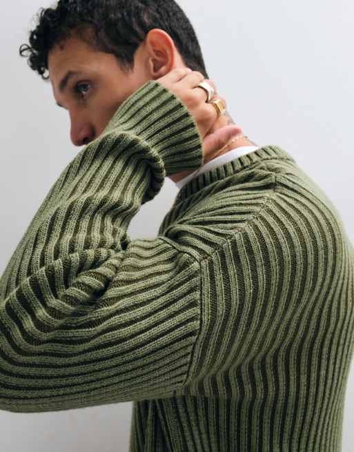 ASOS DESIGN afslappet strikket trøje med høj v-hals i khaki med ribstruktur, 3 af 5