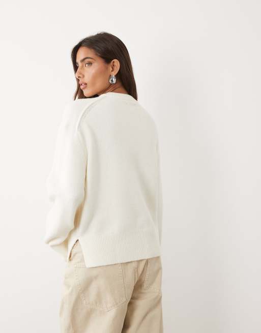 ASOS DESIGN afslappet striktrøje med sideslidsdetalje i cream - CREAM, 4 af 4