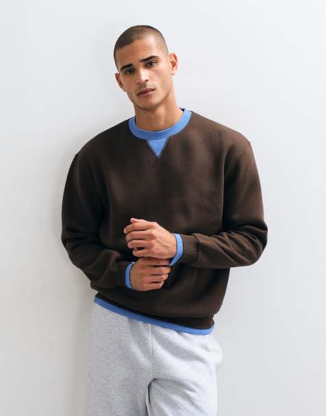 ASOS DESIGN afslappet sweater med rund hals, kontrastkrave og sømme i brun - view 1