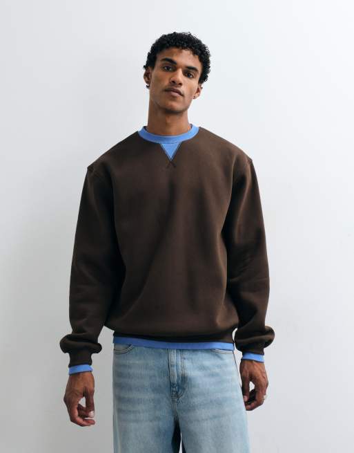 ASOS DESIGN afslappet sweater med rund hals, kontrastkrave og sømme i brun, 5 af 5
