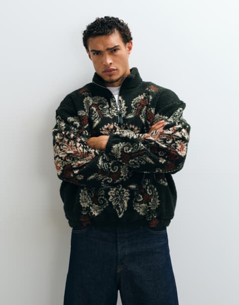 ASOS DESIGN afslappet sweatshirt med gennemgående lynlås i borg og gobelinprint i grøn - view 1