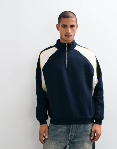 ASOS DESIGN afslappet sweatshirt med halv lynlås og cut and sew-paneler med piping i marineblå - view 1