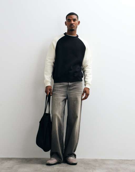 ASOS DESIGN afslappet sweatshirt med hvid kontrast og raglanærmer med rund hals i sort, 2 af 5