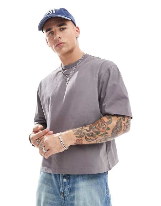 ASOS DESIGN - Afslappet t-shirt med firkantet pasform og halve ærmer i koksgrå