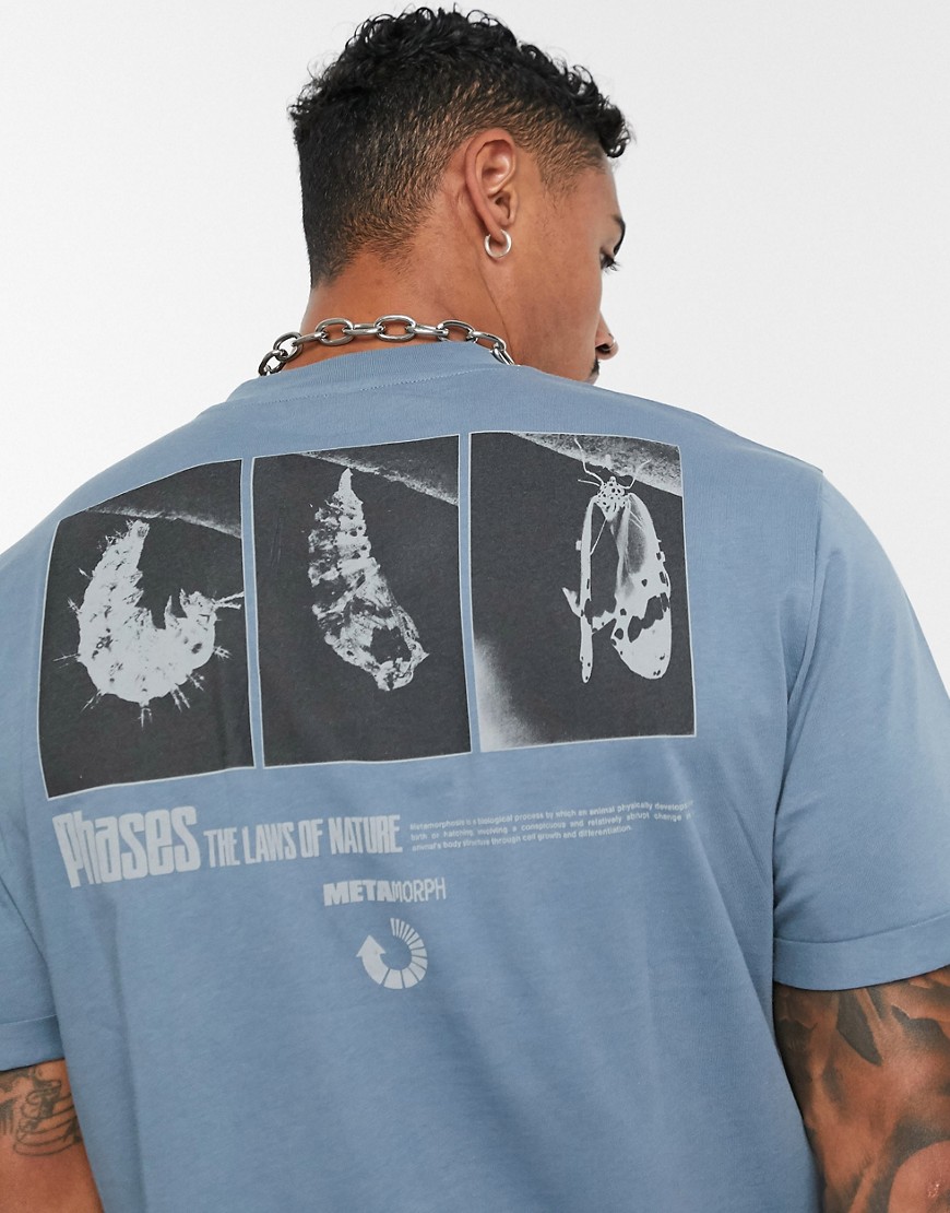 ASOS DESIGN - Afslappet t-shirt med opsmøgede ærmer og 'phases of natur'-print på forstykke og ryg-Blå