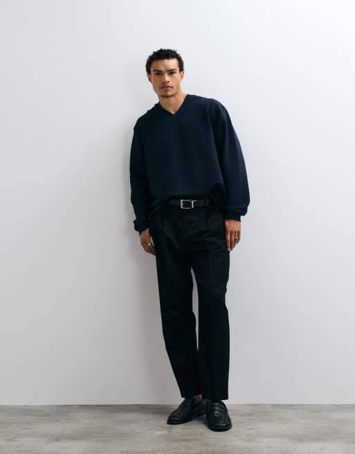 ASOS DESIGN afslappet V-hals i jacquardstof i navy, 2 af 5