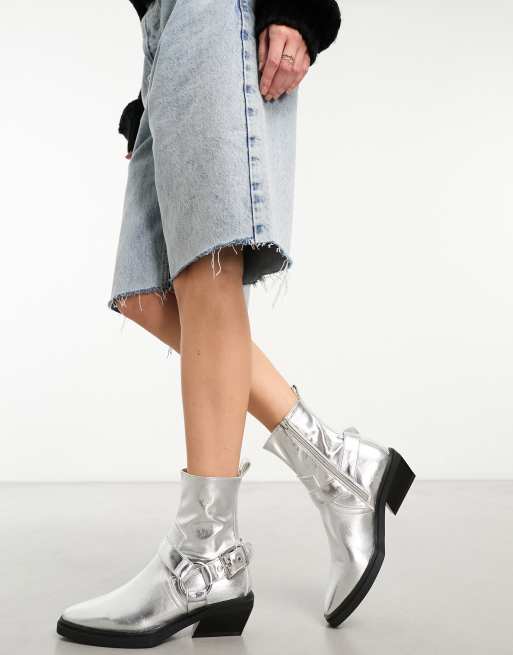 ASOS DESIGN Agent harness western boots in silver ASOS