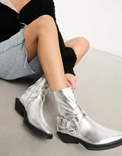 ASOS DESIGN Agent harness western boots in silver