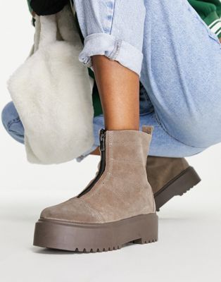 ASOS DESIGN Agent suede chunky zip-front flat boots in taupe