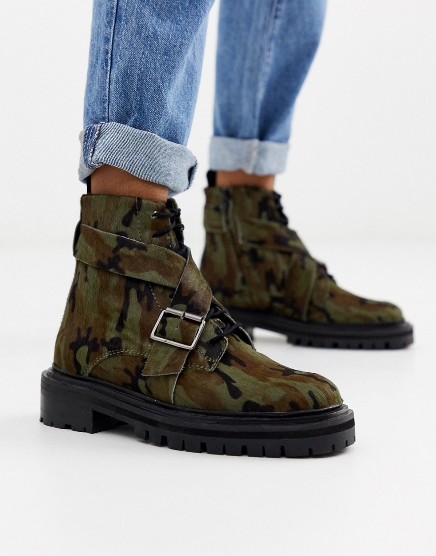 ASOS DESIGN Agility premium leather chunky lace up boots in camo pony-Green