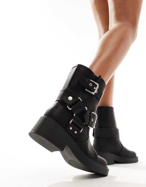 ASOS DESIGN Aim harness biker ankle boots in black