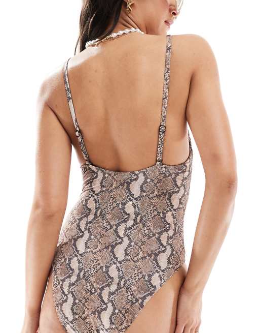 ASOS DESIGN Aimee skinny strap swimsuit with ring detail in snake print, 4 of 4