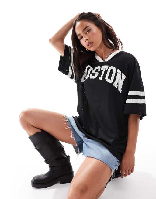 ASOS DESIGN  airtex football jersey top  with boston graphic in black, 2 of 4