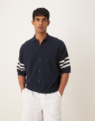 ASOS DESIGN – Airtex – Marinblå, stickad pikétröja i oversize med knäppning - view 1
