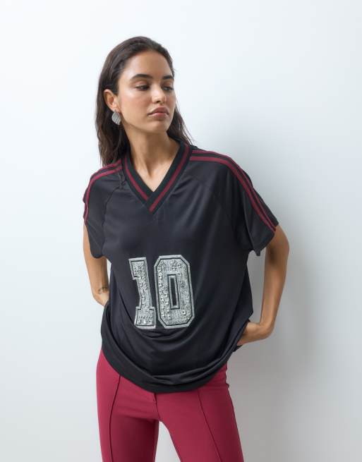 ASOS DESIGN airtex oversized v-neck varsity-style t-shirt with crystal embellishment, 5 of 5
