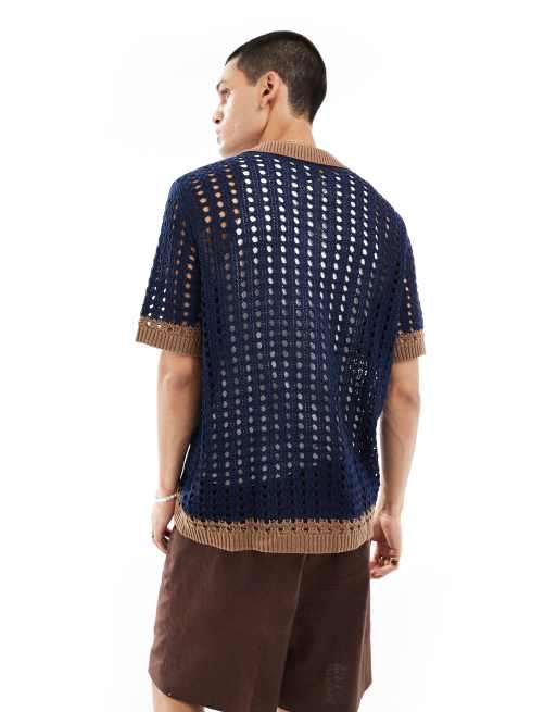 ASOS DESIGN - Ajourgebreid poloshirt met knoopsluiting in marineblauw met rand, 2 van 4