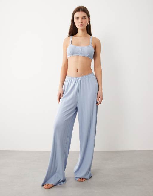 ASOS DESIGN - Ajourgebreide pyjama met kanten rand in blauw, 4 van 5