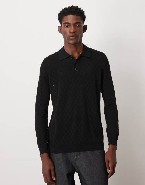 ASOS DESIGN - Ajourgebreide polo met patroon in zwart - view 1