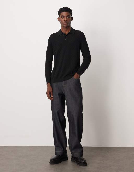 ASOS DESIGN - Ajourgebreide polo met patroon in zwart, 2 van 5