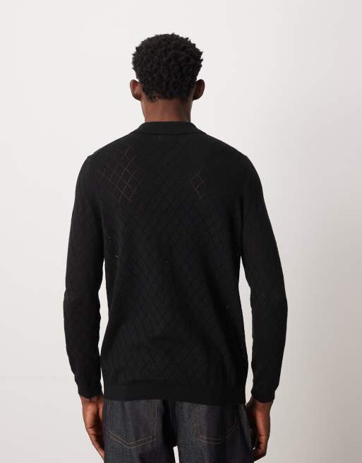 ASOS DESIGN - Ajourgebreide polo met patroon in zwart, 3 van 5