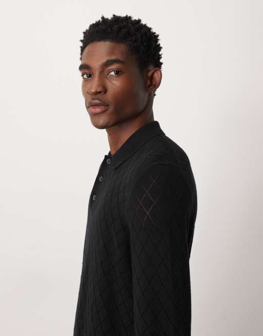 ASOS DESIGN - Ajourgebreide polo met patroon in zwart, 4 van 5