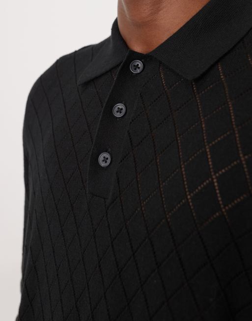 ASOS DESIGN - Ajourgebreide polo met patroon in zwart, 5 van 5