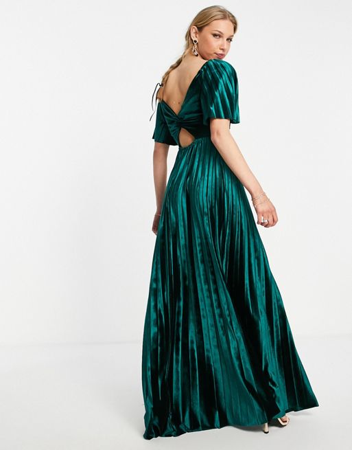 ASOS DESIGN – Aksamitna, plisowana sukienka maxi w stylu empire ze  skręconym tyłem, w kolorze leśnej zieleni | ASOS