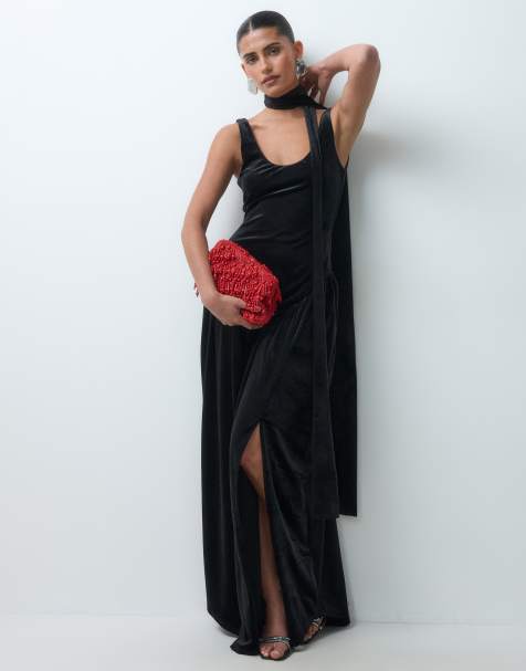 ASOS DESIGN aksamitna sukienka maxi z detalem szalika w kolorze czarnym - view 1