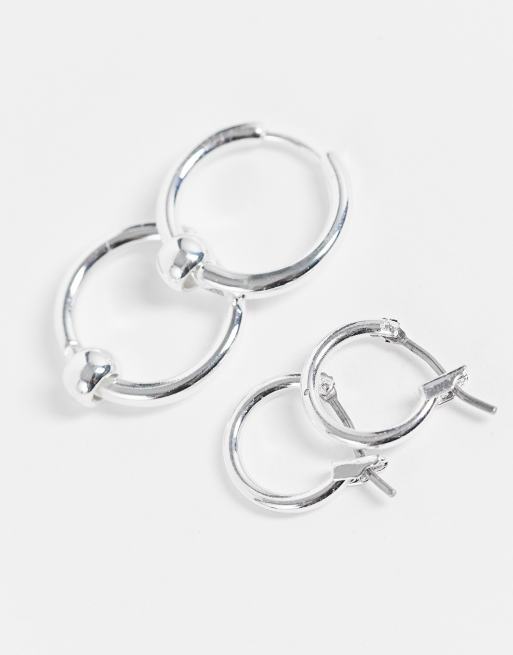 ASOS DESIGN – Äkta, silverpläterade örhängen med creoldesign och creoldesign med boll, 2-pack, 2 av 4