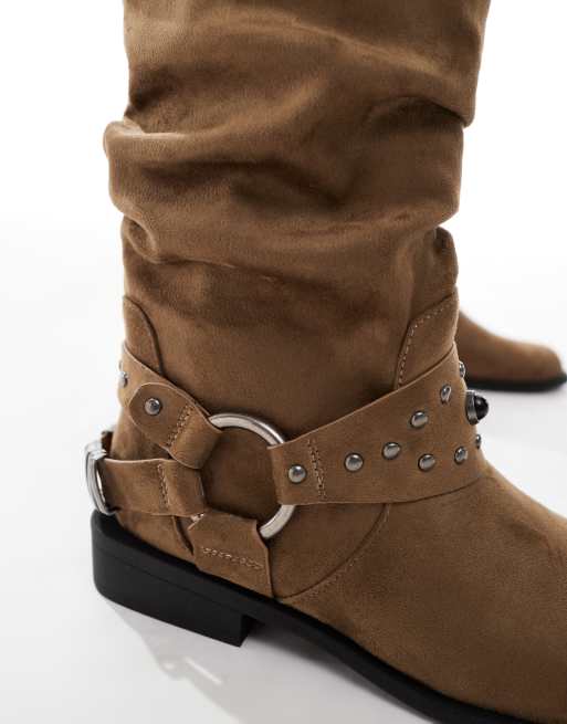 ASOS DESIGN – Alara – Flache Biker-Stiefel in Taupe mit