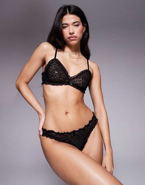 ASOS DESIGN Alba animal flock scrunch triangle bra in black - view 1
