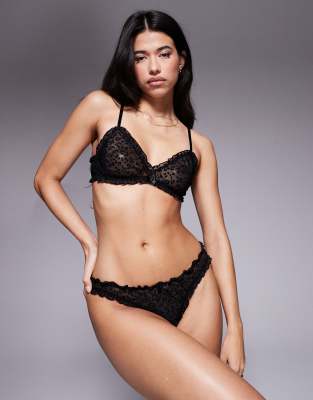 ASOS DESIGN - Alba - Triangel-BH in Schwarz mit beflocktem Tierfellmuster und Rüschen