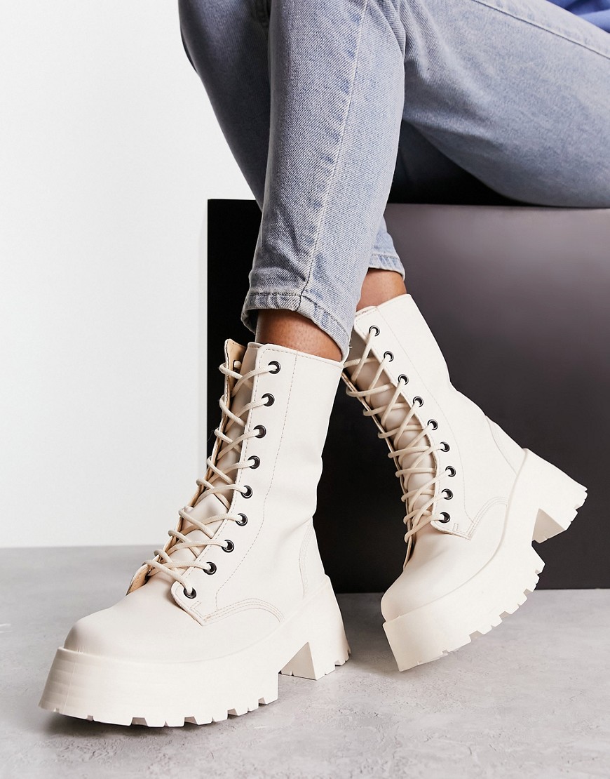 Asos Design Albany Chunky Lace Up Boots In Off White-neutral