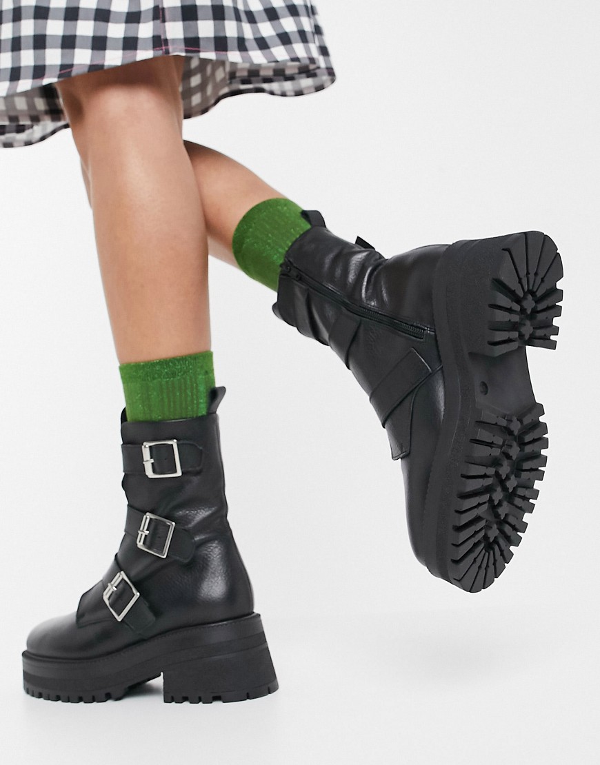 ASOS DESIGN Alex premium leather chunky buckle boots in black