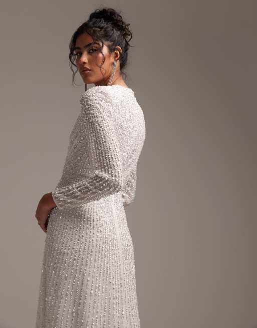 ASOS DESIGN - Alexa - Bryllupskjole med lange ærmer og slå-om samt pailletter , 3 af 6