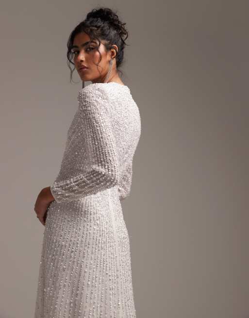 ASOS DESIGN Alexa sequin long sleeve wrap wedding dress in white