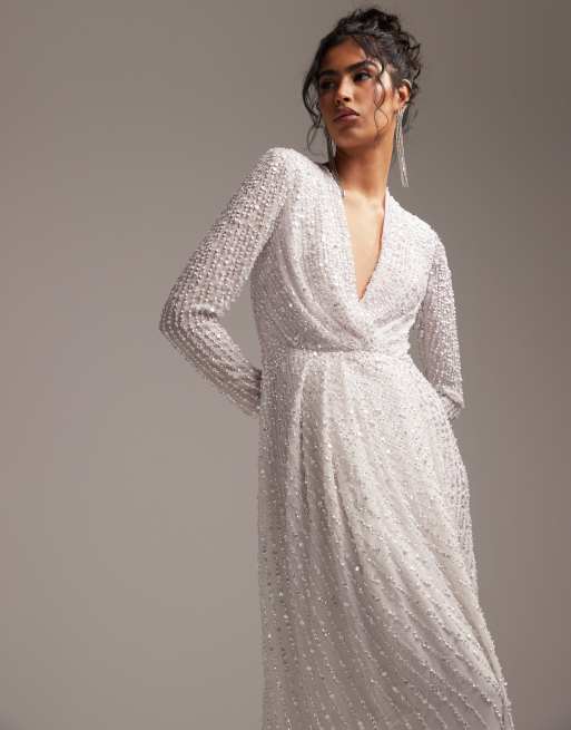 ASOS DESIGN Alexa sequin long sleeve wrap wedding dress in white