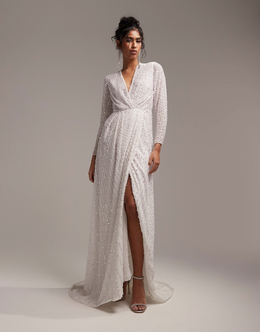 ASOS DESIGN Alexa sequin long sleeve wrap wedding dress in-White