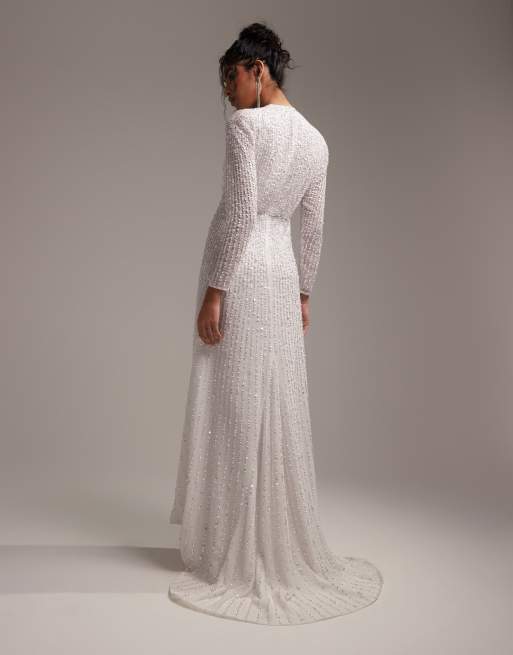 ASOS DESIGN Alexa sequin long sleeve wrap wedding dress in