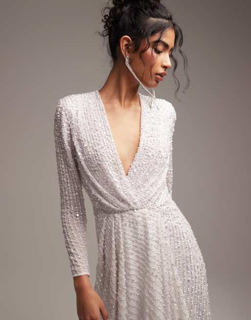 ASOS DESIGN Lennox sequin blouson sleeve wedding dress with train in-White