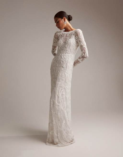 ASOS DESIGN Lennox sequin blouson sleeve wedding dress with train