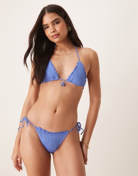 ASOS DESIGN Alice lettuce edge tie side bikini bottoms in blue