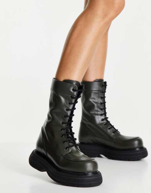 ASOS DESIGN – Alicia – Skórzane, sznurowane buty w kolorze khaki na grubej podeszwie