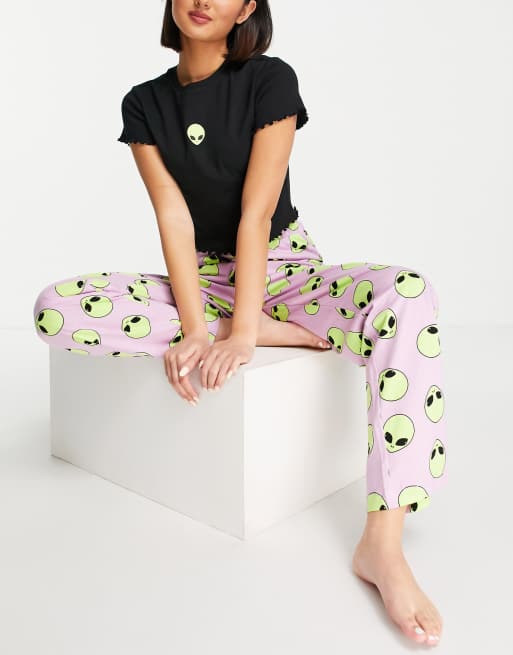 ASOS DESIGN alien cropped tee & pants pyjama set in black & pink