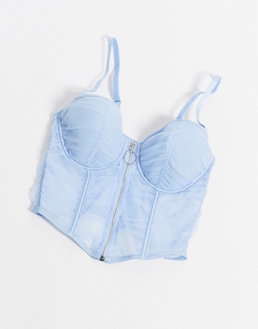 ASOS DESIGN Aliki sheer ruched underwired padded bra with zip front-Blue