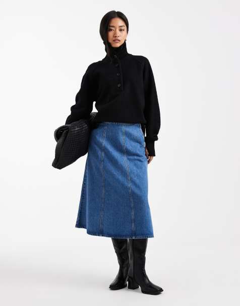 ASOS DESIGN aline denim circle skirt with front seams in indigo - view 1