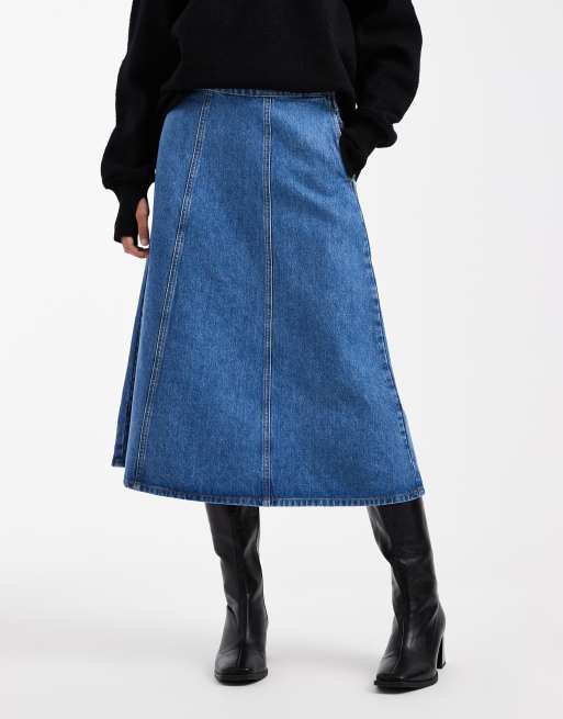 ASOS DESIGN - Aline - Jupe en jean évasé avec surpiqûres à l'avant - Indigo, 2 de 5