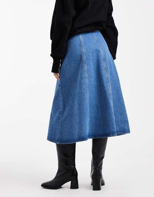 ASOS DESIGN - Aline - Jupe en jean évasé avec surpiqûres à l'avant - Indigo, 4 de 5