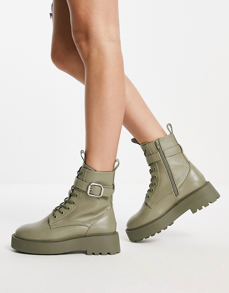 ASOS DESIGN Alix chunky lace up ankle boots in khaki-Green