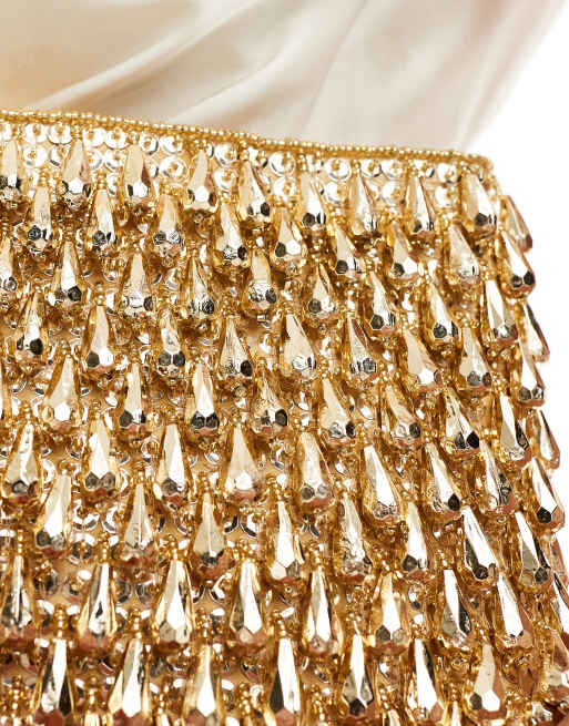 ASOS DESIGN all over beaded zip top clutch bag in gold ASOS
